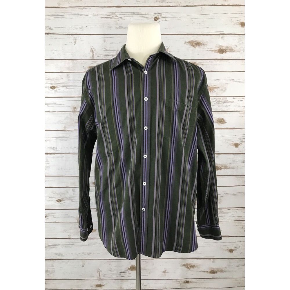 Nat Nast Mens L Green & Purple striped Long‎ Sleeve Button Front